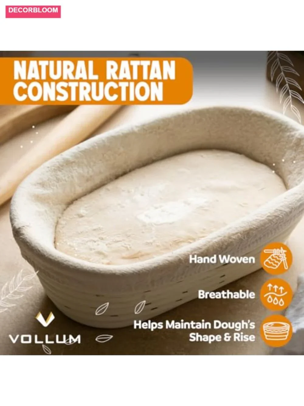 Rattan Bread Proofing Basket with Linen Liner Rectangular Sourdough Banneton
